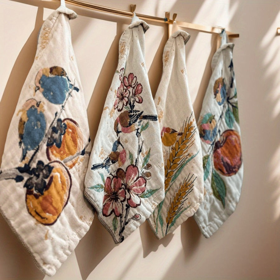 Set Of 4 Vintage Lucky Bird And Cat Towels, Soft And Multifunctional, Suitable for Family Use, Durable, Classic Towel Set with Retro Patterns, Home Towel Collection, Versatile Towel Set