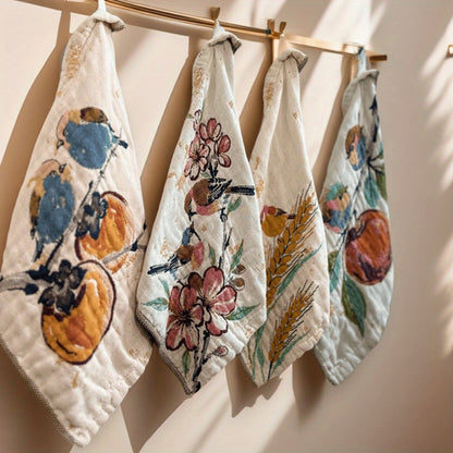 Set Of 4 Vintage Lucky Bird And Cat Towels, Soft And Multifunctional, Suitable for Family Use, Durable, Classic Towel Set with Retro Patterns, Home Towel Collection, Versatile Towel Set