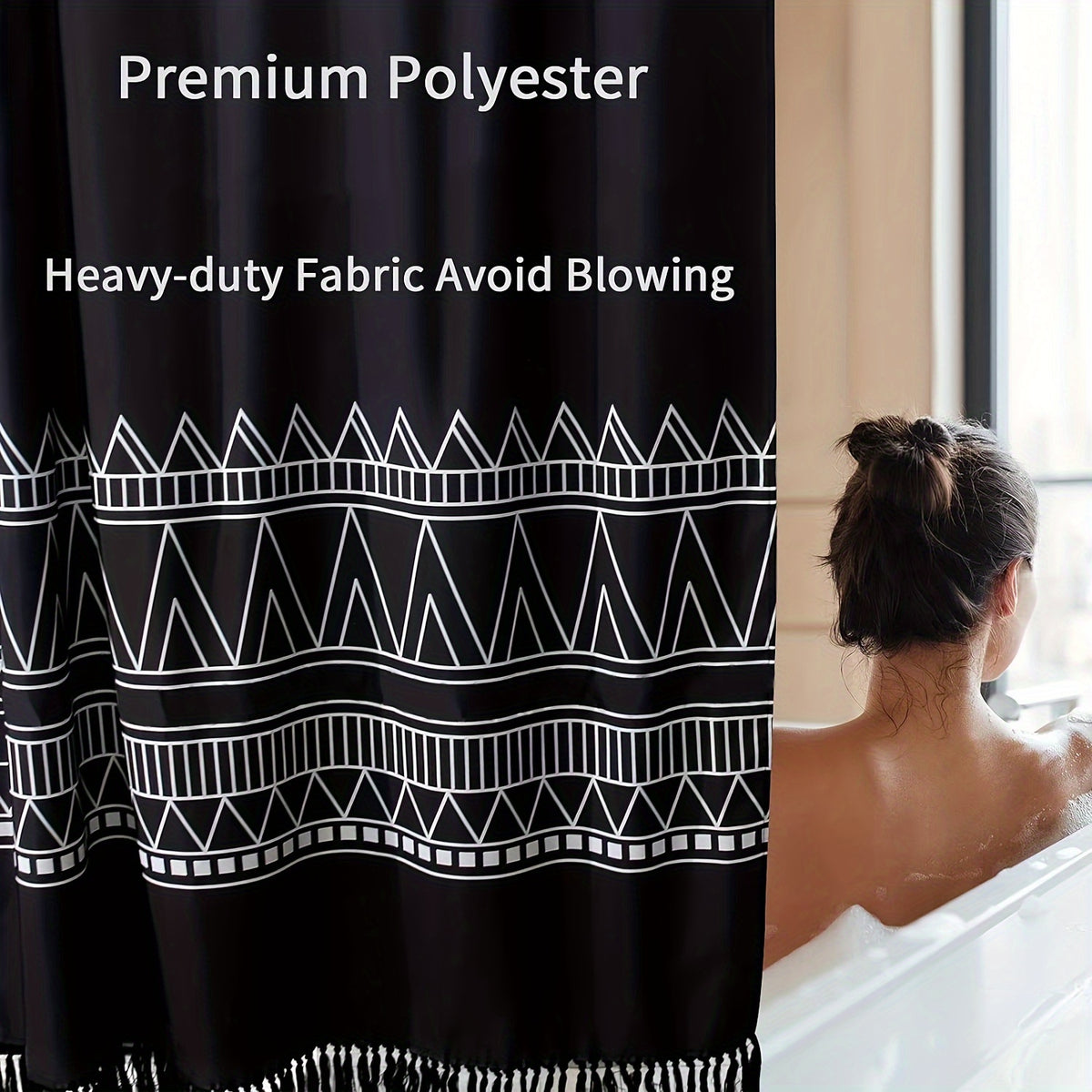 1pc Black Fabric Boho Shower Curtain Set with Hooks, Modern Farmhouse Shower Curtains for Country Bathroom Decor, Abstract Tribal Geometric Shower Curtain, 72"W X 72"H