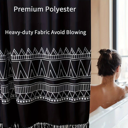 1pc Black Fabric Boho Shower Curtain Set with Hooks, Modern Farmhouse Shower Curtains for Country Bathroom Decor, Abstract Tribal Geometric Shower Curtain, 72"W X 72"H