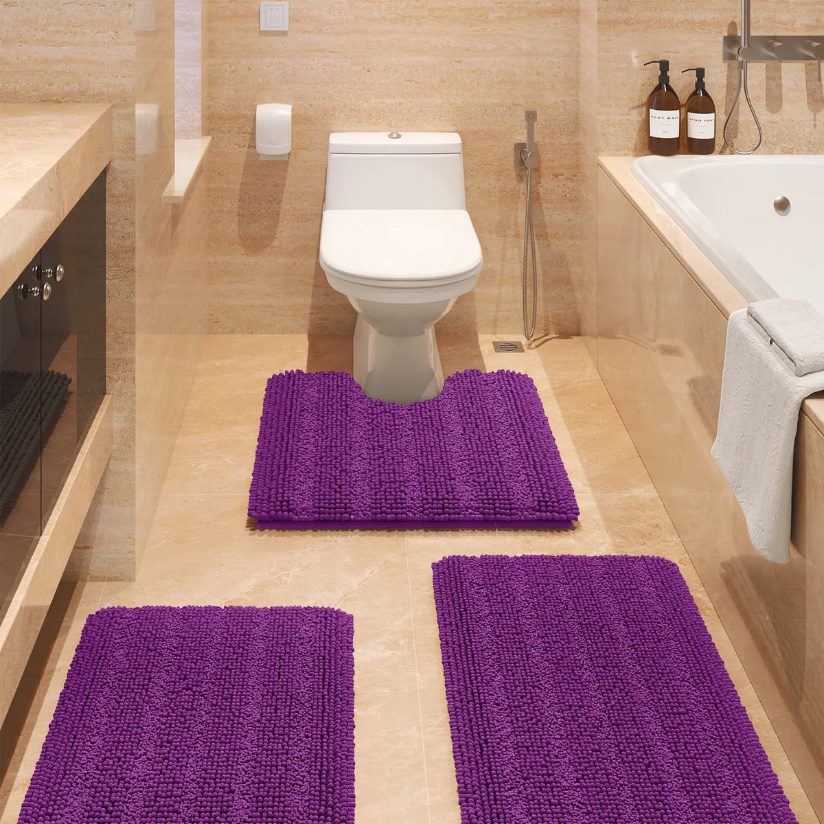 ACCUMTEK Striped Bathroom Rug Set Ultra Soft, Non Slip Chenille Toilet Mat, Absorbent Plush Shaggy Bath Mats for Bathroom, Bedroom, Kitchen