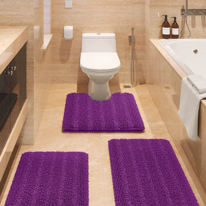 ACCUMTEK Striped Bathroom Rug Set Ultra Soft, Non Slip Chenille Toilet Mat, Absorbent Plush Shaggy Bath Mats for Bathroom, Bedroom, Kitchen