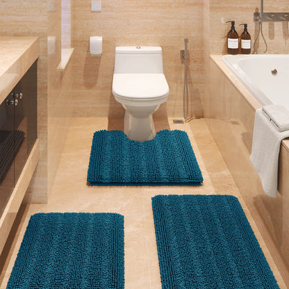 ACCUMTEK Striped Bathroom Rug Set Ultra Soft, Non Slip Chenille Toilet Mat, Absorbent Plush Shaggy Bath Mats for Bathroom, Bedroom, Kitchen
