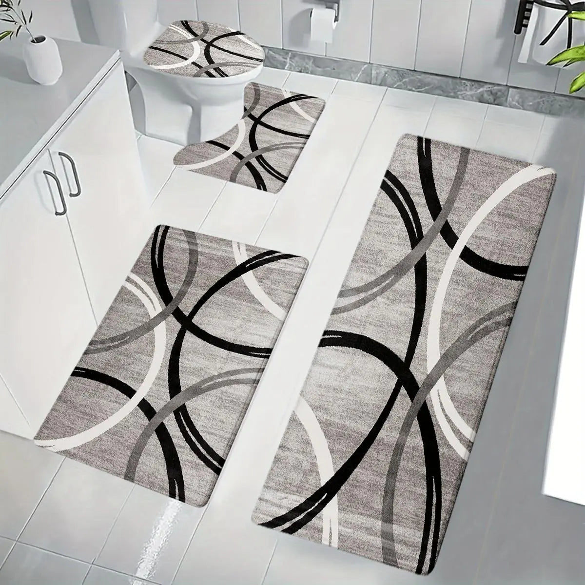 DearTex 3-4pcs Geometric Curved Line Thick Modern Flannel Bath Rug Set - Anti-Skid Custom-Shaped Non-Slip Rubber Water-Absorbent Mats with Washable U-Shaped Toilet Lid Cover Bathroom Accessories, Anti-Skid Bath Mats, Custom-Shaped Bath Mats