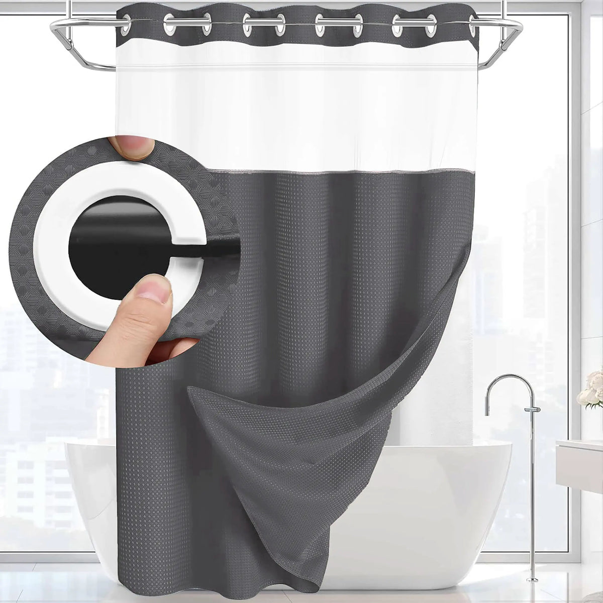 Hookless Shower Curtain and Liner Set - Snap-In Hooks, Plastic Fast-Dry Fabric, Waffle Pattern, Waterproof, Mildew-Blocking, Modern Aesthetic Home Bathroom Accessory