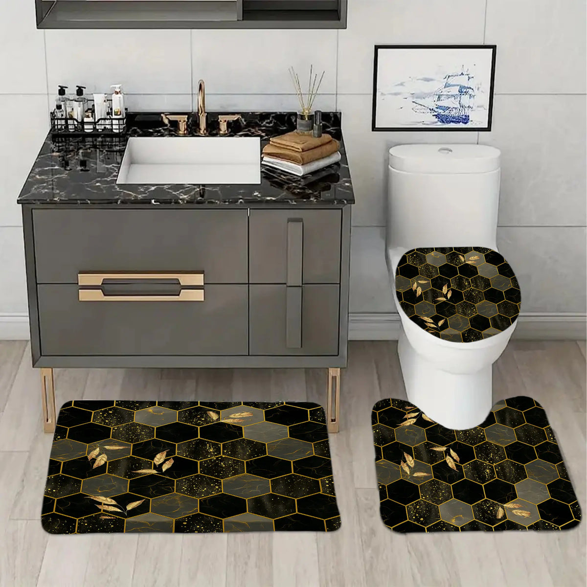 Geometric Hexagonal Black-Gold Pattern Bathroom Decor Set - Waterproof Shower Curtain with 12 Hooks, Non-Slip Bathroom Carpet, U-Shaped Toilet Cushion, Toilet Seat Cover, Ideal Moving Gift