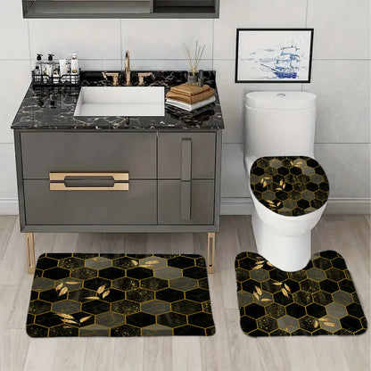 Geometric Hexagonal Black-Gold Pattern Bathroom Decor Set - Waterproof Shower Curtain with 12 Hooks, Non-Slip Bathroom Carpet, U-Shaped Toilet Cushion, Toilet Seat Cover, Ideal Moving Gift