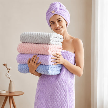 5pcs Coral Fleece Bath Towel Set, 4 Soft Absorbent Bath Towels 27" X 55" with Hair Drying Cap, Quick Dry Plush Towels with Hanging Loop for Bathroom, Shower, Home