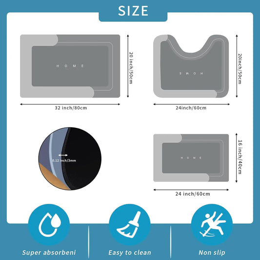 Bathroom Toilet Mat, 3-Piece Set – Quick-Dry Absorbent Floor Mat with Rubber Non-Slip Backing. Suitable for bathroom, sink area, toilet, kitchen, living room, next to bathtub, laundry room, bathroom decor, bedroom, and pet drinking area.,back to school