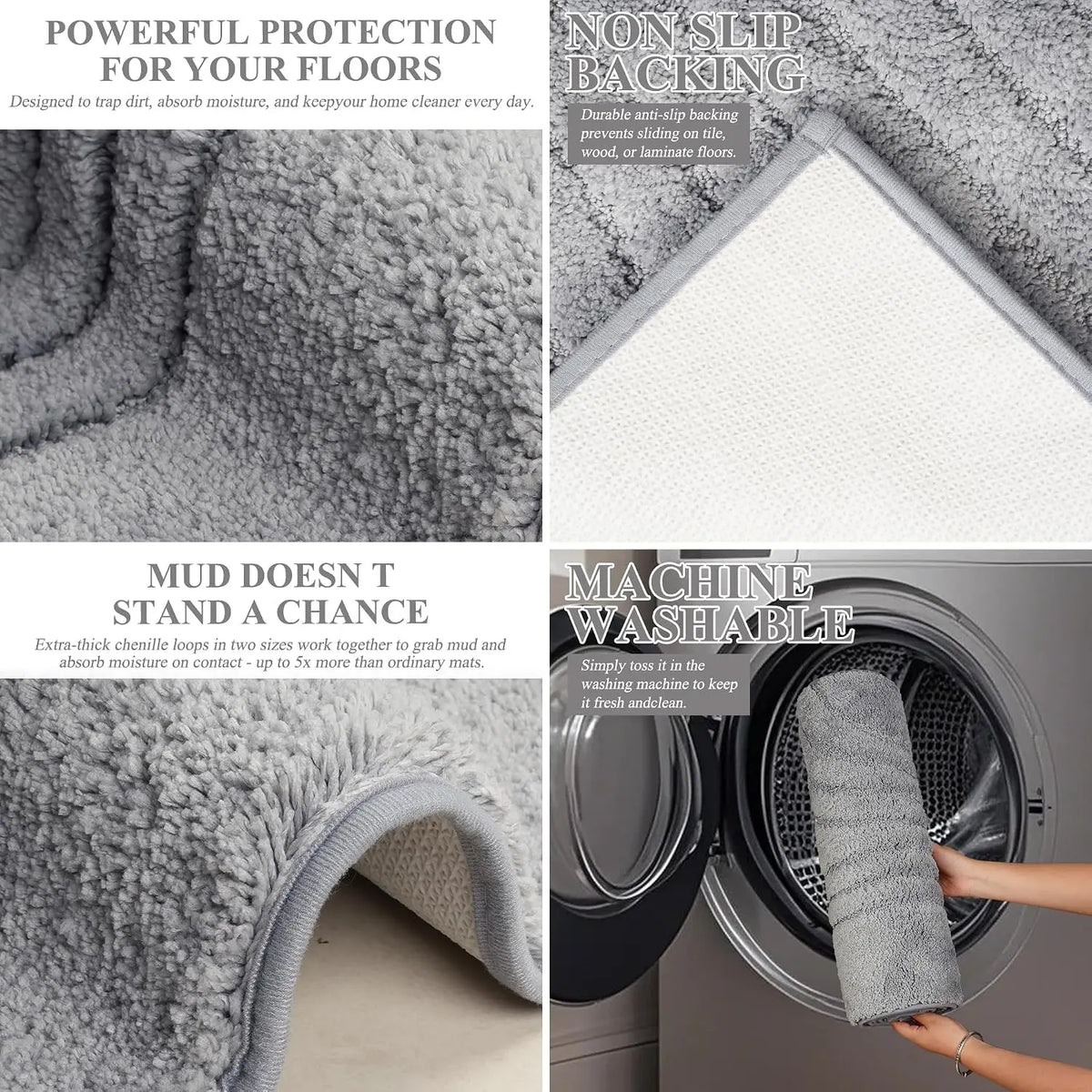 Bathroom Rug Set 3 count,Ultra Absorbent Quick Dry Bathroom Mats | Microfiber Bath Mat Shower Rug Runner Non Slip,Super Soft U Shaped Toilet Mats Floor Carpet,Grey