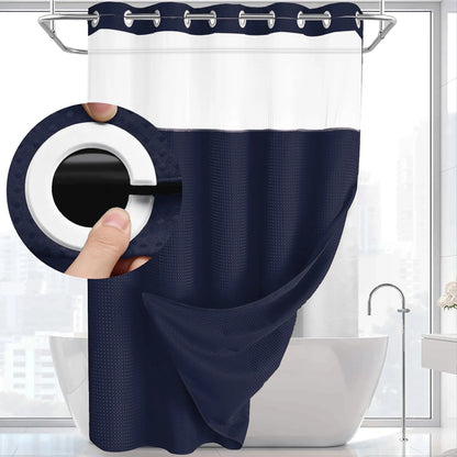 Hookless Shower Curtain and Liner Set - Snap-In Hooks, Plastic Fast-Dry Fabric, Waffle Pattern, Waterproof, Mildew-Blocking, Modern Aesthetic Home Bathroom Accessory