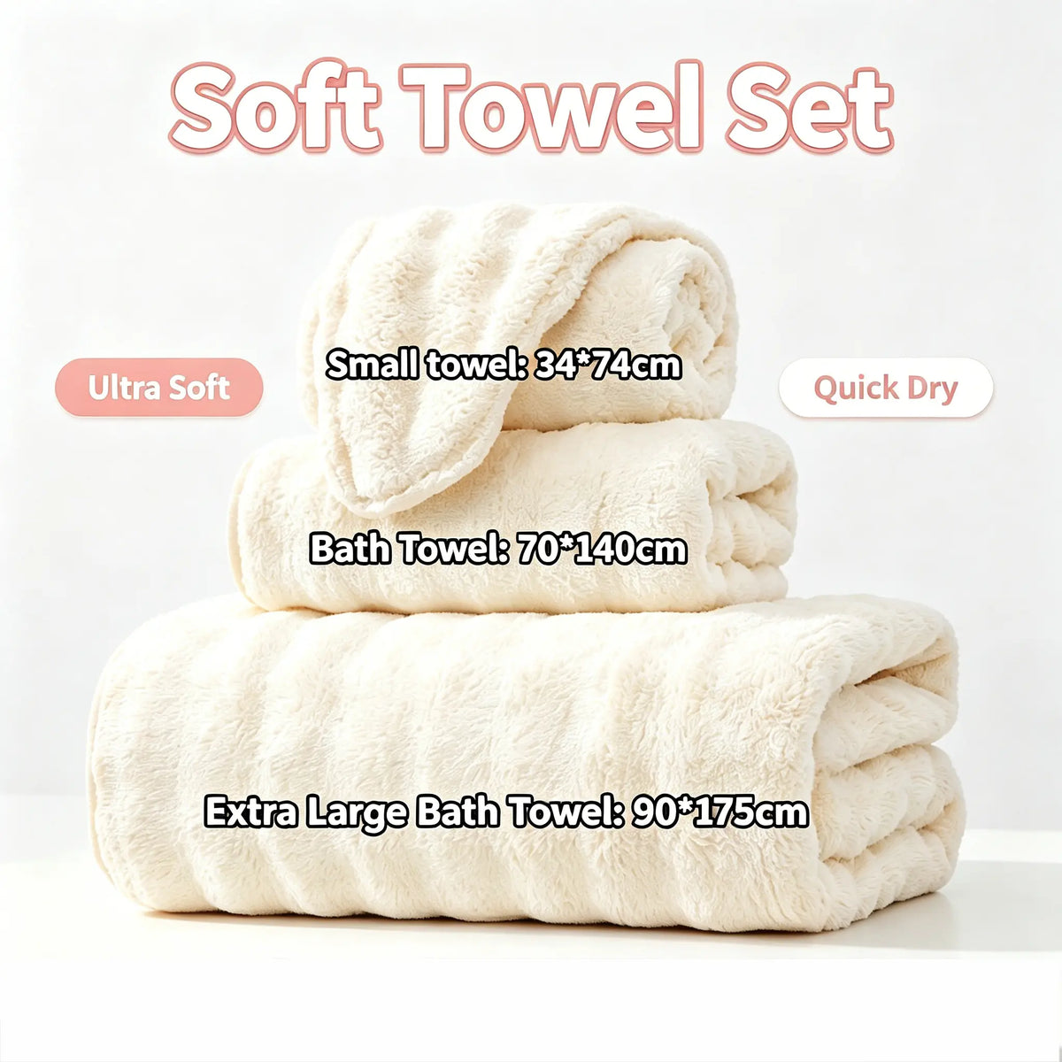 Towel set (face towel + bath towel + beach towel), 3-piece pink bath towel set, soft and skin-friendly, quick-drying with strong water absorption, for women’s daily post-bath body drying, bathroom essentials, a must-have for the home—sharing life’s little