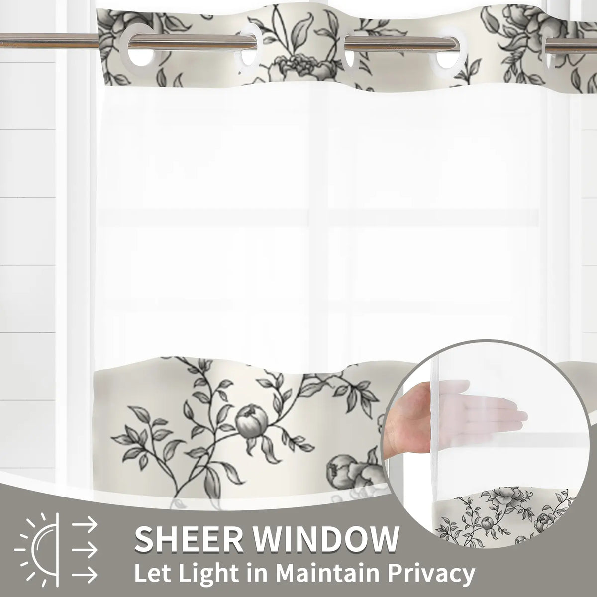 Peony Print Linen Shower Curtain, Sheer Splice Linen Fabric, Waterproof Double Layer Mildew Resistant No Drill Bath Curtain for Home & Homestay 72''*75''inch