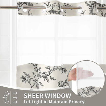 Peony Print Linen Shower Curtain, Sheer Splice Linen Fabric, Waterproof Double Layer Mildew Resistant No Drill Bath Curtain for Home & Homestay 72''*75''inch