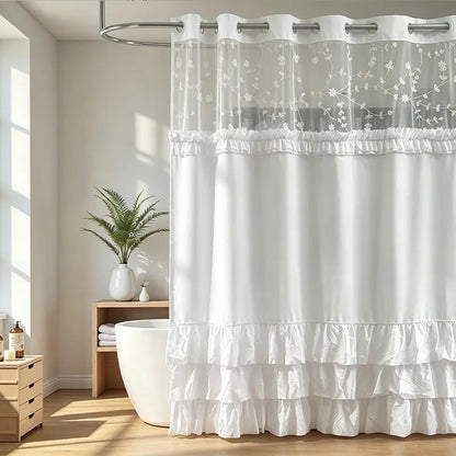 White Hookless Ruffle Shower Curtain with Dual Removable Waterproof Layers, Embroidered Sheer Top, White Plastic Split Rings, Snap-On Washable Bathroom Curtain，71*74inch