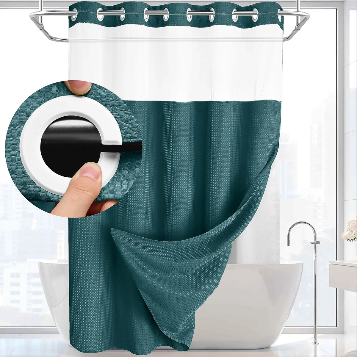 Hookless Shower Curtain and Liner Set - Snap-In Hooks, Plastic Fast-Dry Fabric, Waffle Pattern, Waterproof, Mildew-Blocking, Modern Aesthetic Home Bathroom Accessory