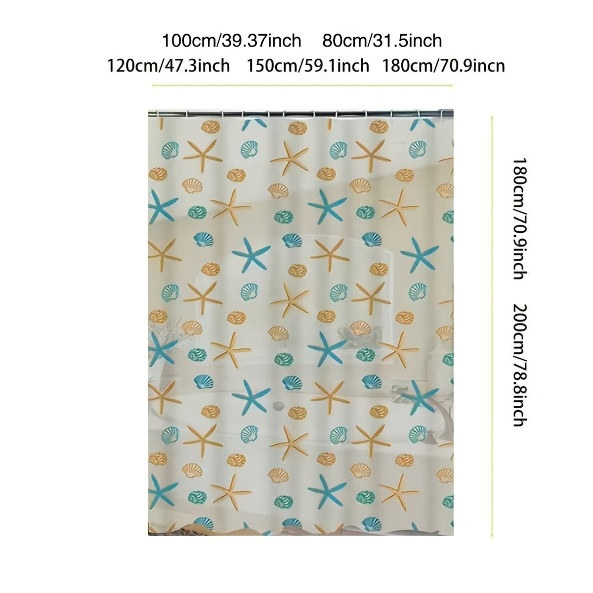 1pc PEVA Ocean Theme Bathroom Shower Curtain with Starfish and Seashell, No Drilling Required, Includes 12 Shower Curtain Hooks