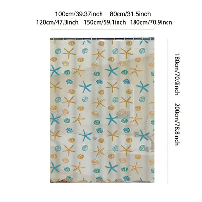 1pc PEVA Ocean Theme Bathroom Shower Curtain with Starfish and Seashell, No Drilling Required, Includes 12 Shower Curtain Hooks