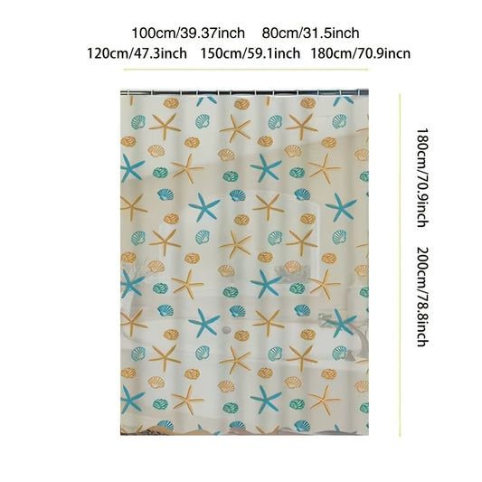 1pc PEVA Ocean Theme Bathroom Shower Curtain with Starfish and Seashell, No Drilling Required, Includes 12 Shower Curtain Hooks