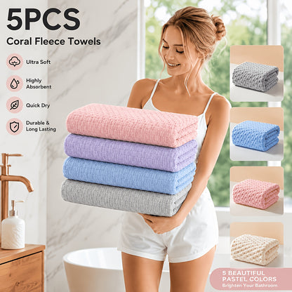 5pcs Coral Fleece Bath Towel Set, 4 Soft Absorbent Bath Towels 27" X 55" with Hair Drying Cap, Quick Dry Plush Towels with Hanging Loop for Bathroom, Shower, Home