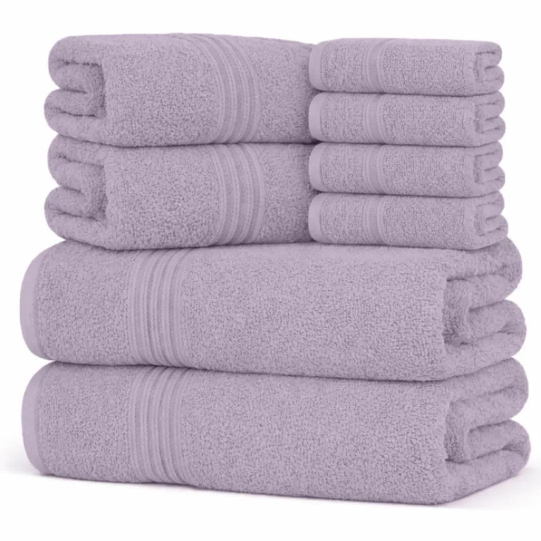 Hurbane Home Unisex Plain 8-Count 100% Pure Cotton Set - 2 Bath Towels, 2 Hand Towels, 4 Washcloths, Super Soft, Water Absorbent, Pouch Pack for Bathroom Home Use