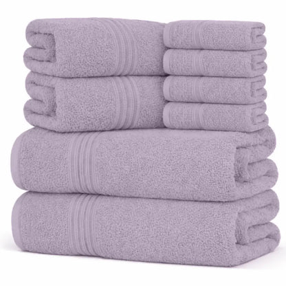 Hurbane Home Unisex Plain 8-Count 100% Pure Cotton Set - 2 Bath Towels, 2 Hand Towels, 4 Washcloths, Super Soft, Water Absorbent, Pouch Pack for Bathroom Home Use