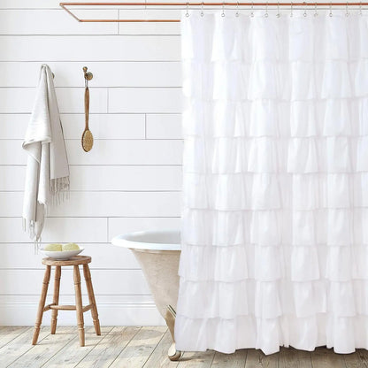 Ruffle Trim Shower Curtain, Soft Washable Polyester Cloth, Fabric Shower Curtain, Shower Curtains Washable, Water-repellent Shower Curtain, Bathroom Accessories, Home Decor Supplies, Waterproof Bathroom Curtain, Bathroom Decoration Accessories
