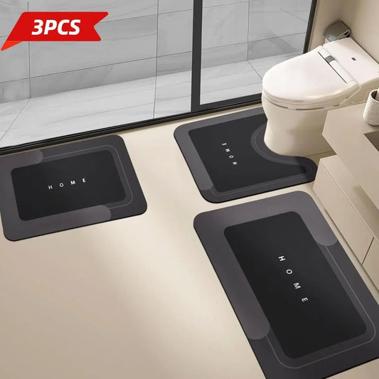3PCS Multi-Size Modern Bathroom Rug Sets - Nonslip Diatomite-TRP Rectangle Anti-Slip Border Combo Set Bath Mats with Rubber Backing, Durable, Water-Absorbent, Quick-Dry for Indoor Bathroom Home Supplies