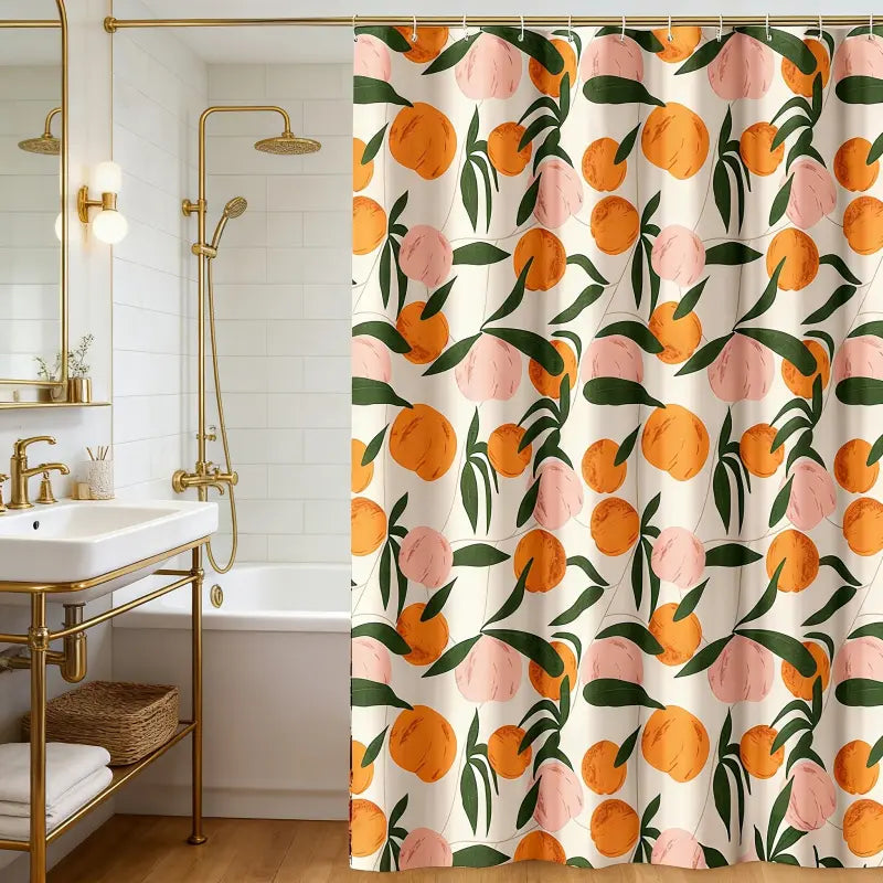 Peach & Orange Fruit Print Shower Curtain Cute with Hooks, Boho Summer Bathroom Decor, Summer Shower Curtains for Bathroom, Aesthetic Pretty Decorative Shower Curtain, Waterproof & Washable, 72 x 72 Inch