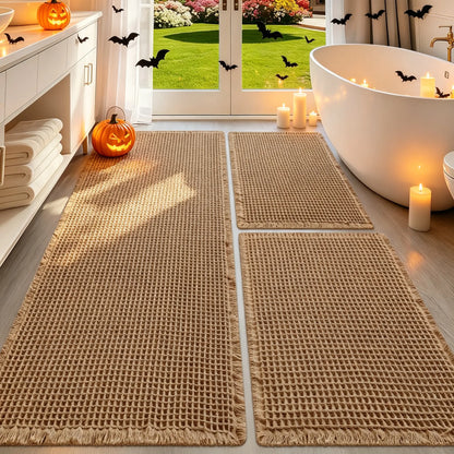 IM HOME Waffle Bath Mat 2 Piece/3 Piece Set, Boho Woven Modern Bath Mat Rugs, Absorbent Bathroom Rugs, Soft Washable Bath Rugs with Tassels for Bathroom, Bedroom, Kitchen, Shower, Tub,Halloween