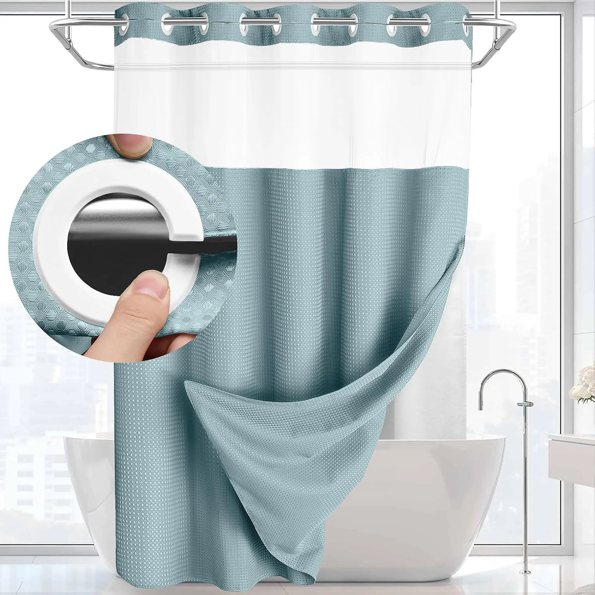 Hookless Shower Curtain and Liner Set - Snap-In Hooks, Plastic Fast-Dry Fabric, Waffle Pattern, Waterproof, Mildew-Blocking, Modern Aesthetic Home Bathroom Accessory