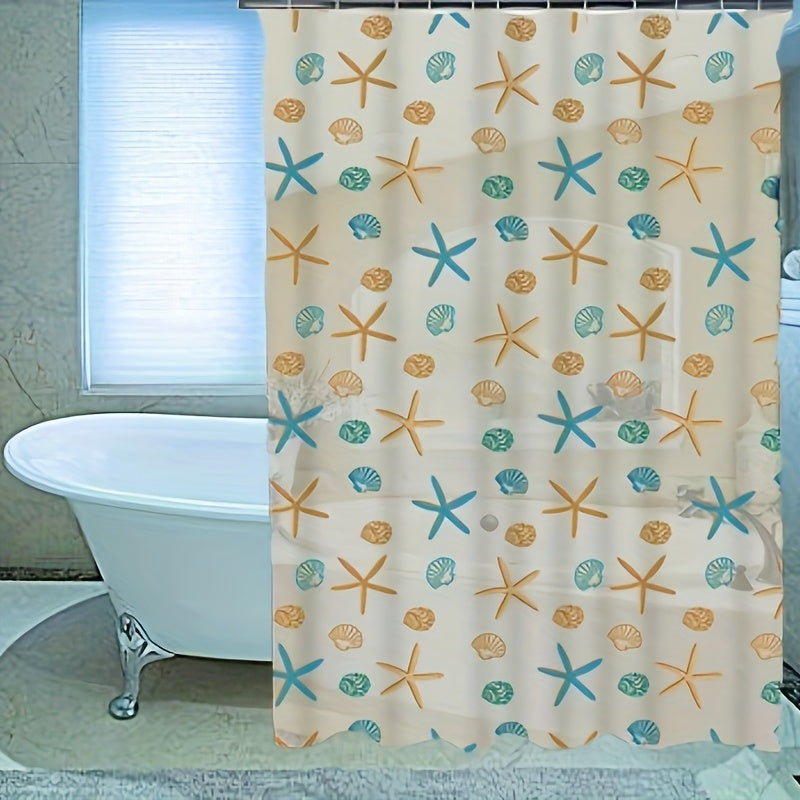 1pc PEVA Ocean Theme Bathroom Shower Curtain with Starfish and Seashell, No Drilling Required, Includes 12 Shower Curtain Hooks
