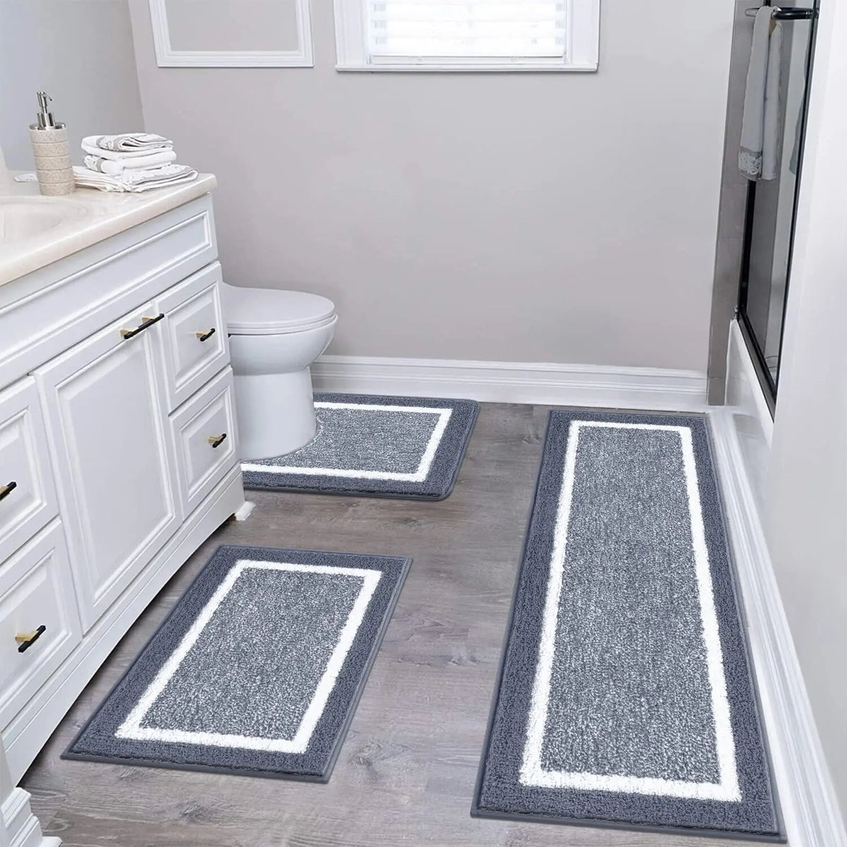 Dark Grey Bathroom Rugs Set 3 Piece Non Slip Washable, Plush Absorbent Microfiber Bath Mat Shower Rug Runner Quick Dry, Super Soft U Shaped Toilet Mats Floor Carpet Cozy Thick