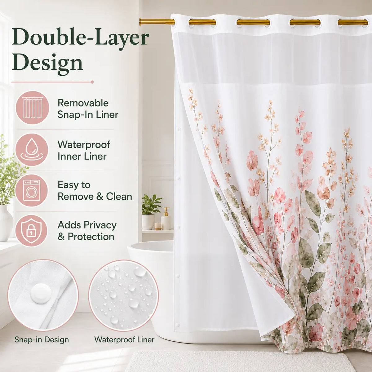 Hookless Shower Curtain with Snap-in Liner, Double Layer Floral Botanical Shower Curtain Set, Sheer Top Window, Waterproof & Washable Bathroom Curtain, 72 x 75 Inch