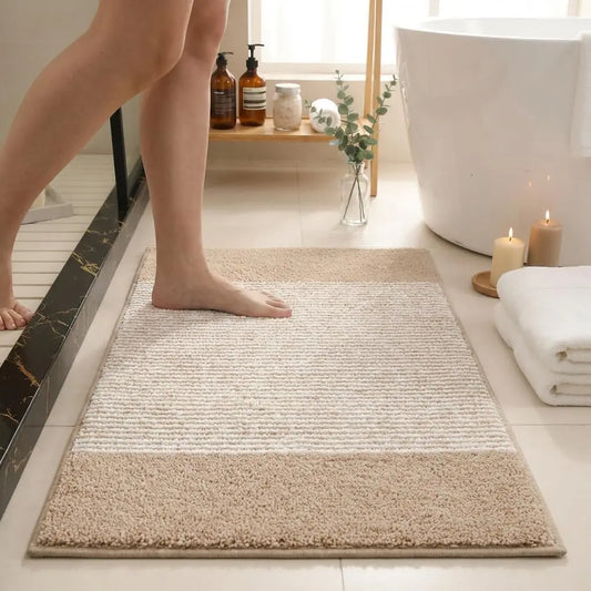 Bathroom Mat 26x18, Soft Absorbent Striped Bath Mats, Machine Washable Microfiber Floor Mats for Bathroom Tubs, Sinks and Showers,Dark Brown
