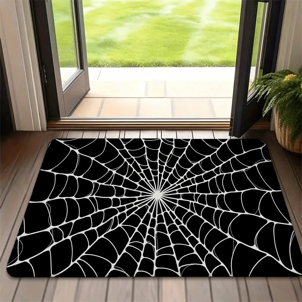 Black & White Spider Web Bath Mat, Flannel Floor Rug for Bathroom, Bold Halloween Home Decor for Shower Tub Bedroom Entryway Dorm Room, Seasonal Housewarming Birthday Christmas Gift