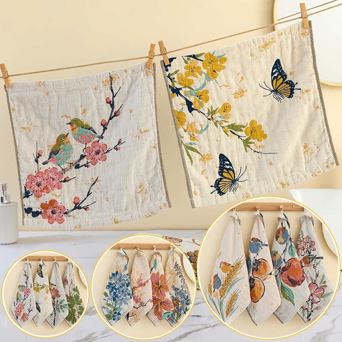 Set Of 4 Vintage Lucky Bird And Cat Towels, Soft And Multifunctional, Suitable for Family Use, Durable, Classic Towel Set with Retro Patterns, Home Towel Collection, Versatile Towel Set