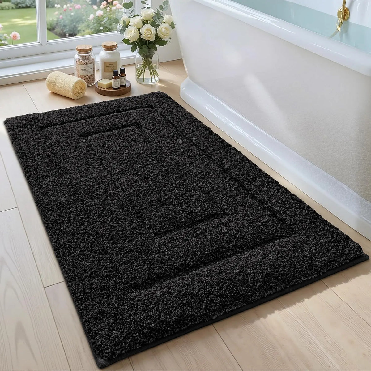 DEXI Bathroom Rug (24x16in), Non-Slip Machine Washable Bath Mat with Rubber Backing, Absorbent Soft Quick-Dry Microfiber Shaggy Indoor Shower Floor Rug, Beige, Machine Washable Rugs,back to school,dorm essentials,home decor,home essentials