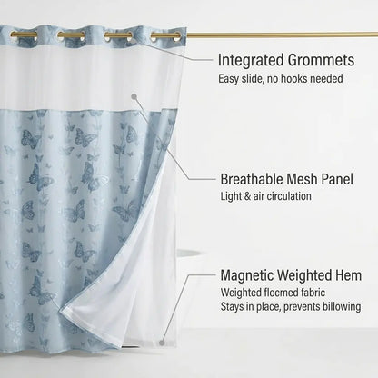 YRZTRK Hookless Blue Flocked Butterfly Double-Layer Shower Curtain with Mesh Top Window, Mesh Fabric, Easy Installation, Farmhouse & Modern Home Decoration, 72x75 in Bathroom Curtain