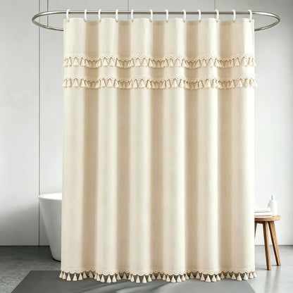 1pc High-GSM Blend Three-Layer Tassel Lace Shower Curtain, Home Decor Curtain, Bathroom Curtain, Includes Matching Hooks