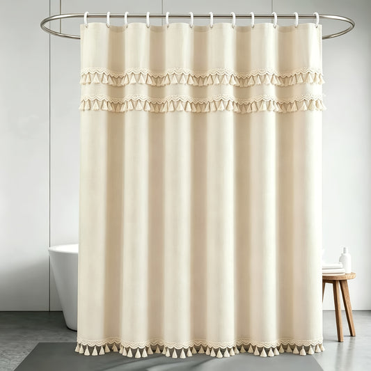 1pc High-GSM Blend Three-Layer Tassel Lace Shower Curtain, Home Decor Curtain, Bathroom Curtain, Includes Matching Hooks