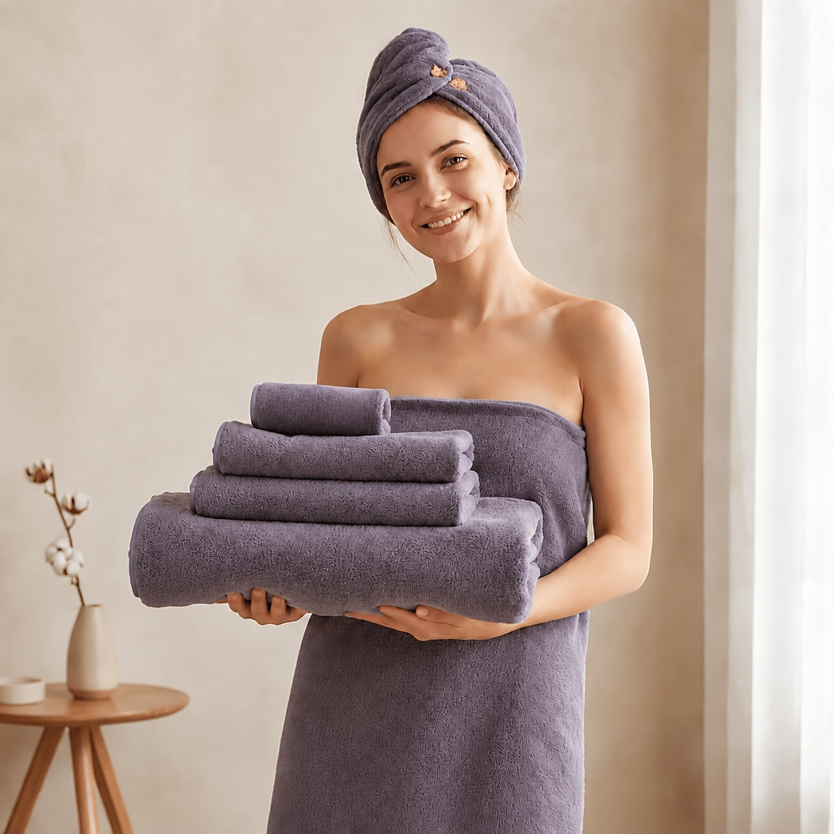 5pcs Coral Fleece Bath Towel Set, 4 Soft Absorbent Bath Towels 27" X 55" with Hair Drying Cap, Quick Dry Plush Towels with Hanging Loop for Bathroom, Shower, Home