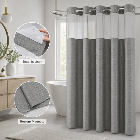 Hookless Waffle-Weave Shower Curtain Set, 72x75 in, with Washable White Fabric Liner (Snap Closures, Mesh Top), Waterproof Hotel-Style Bathroom Accessory for Home/Salon, Home Decor Supplies, Shower Curtains, Hookless Shower Curtain