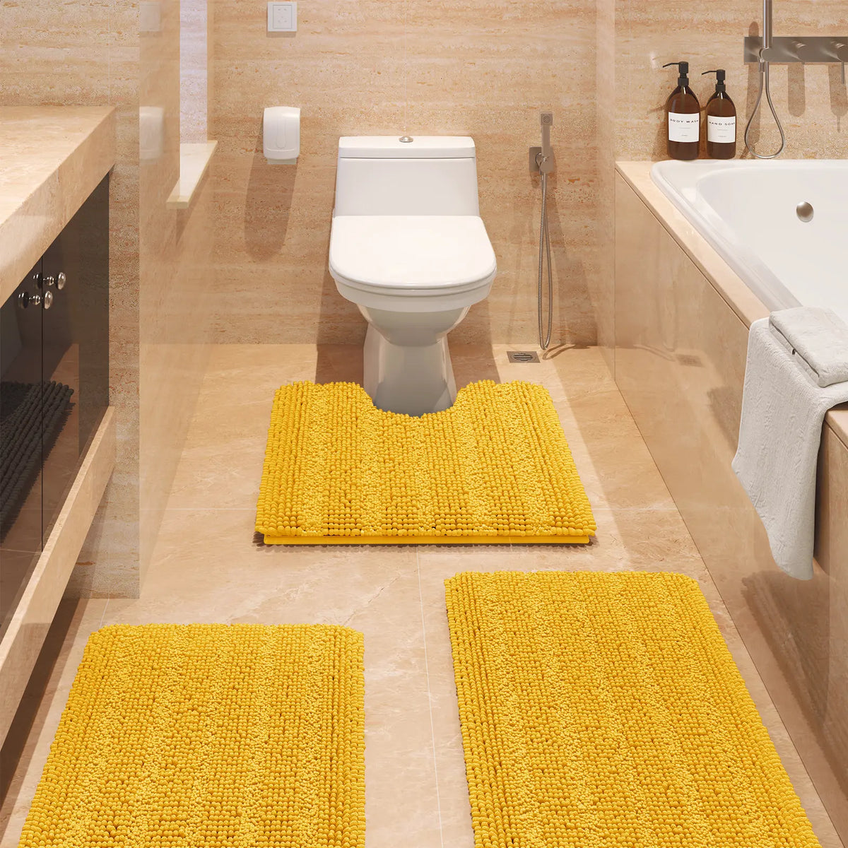 ACCUMTEK Striped Bathroom Rug Set Ultra Soft, Non Slip Chenille Toilet Mat, Absorbent Plush Shaggy Bath Mats for Bathroom, Bedroom, Kitchen