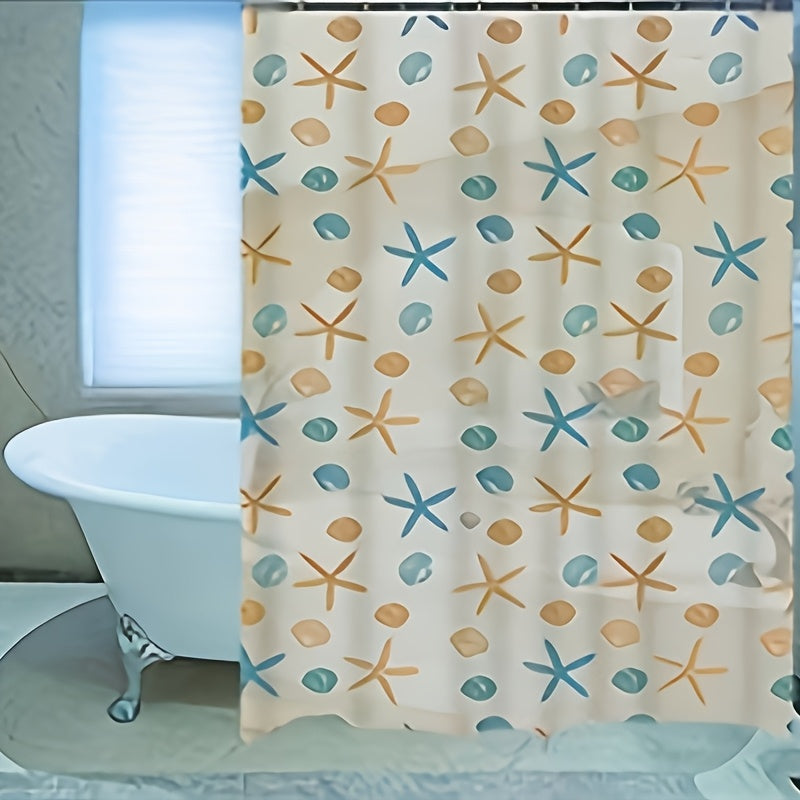 1pc PEVA Ocean Theme Bathroom Shower Curtain with Starfish and Seashell, No Drilling Required, Includes 12 Shower Curtain Hooks