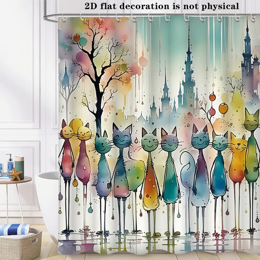 [Abstract Cat Shower Curtain] Modern Abstract Cat Bathroom Shower Curtain | Colorful Watercolor Painting Style Decorative Hanging Curtain with 12 Hooks | Bathroom Decoration for All Seasons
