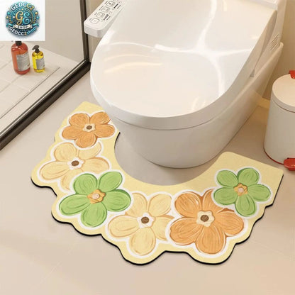 Floral U Shaped Toilet Mat, Diatomaceous Earth Bath Mat for Bathroom, Quick Dry Absorbent Floor Rug with Non Slip Backing, Decorative Toilet Floor Mat