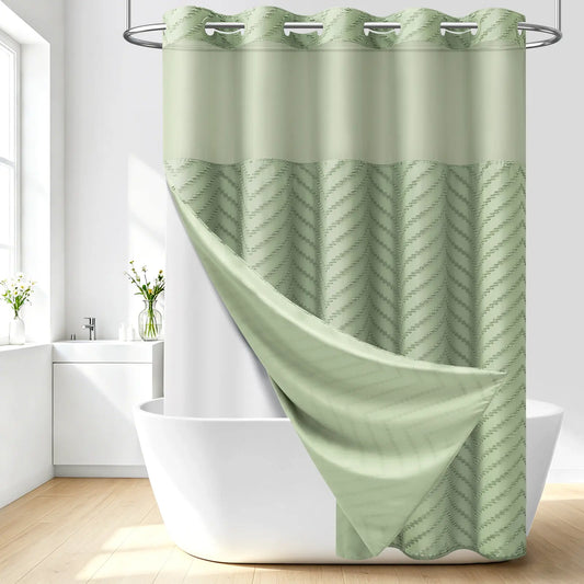 DYNAMENE 3-in-1 Hook-Free Boho Tufted Chevron Striped Shower Curtain Set, Snap-In Magnetic Waterproof Liner, Modern Textured Design, Sheer Light View Window - Hook-Free Setup Saves Bathroom Time, Waterproof Liner Helps Keep Walls Dry