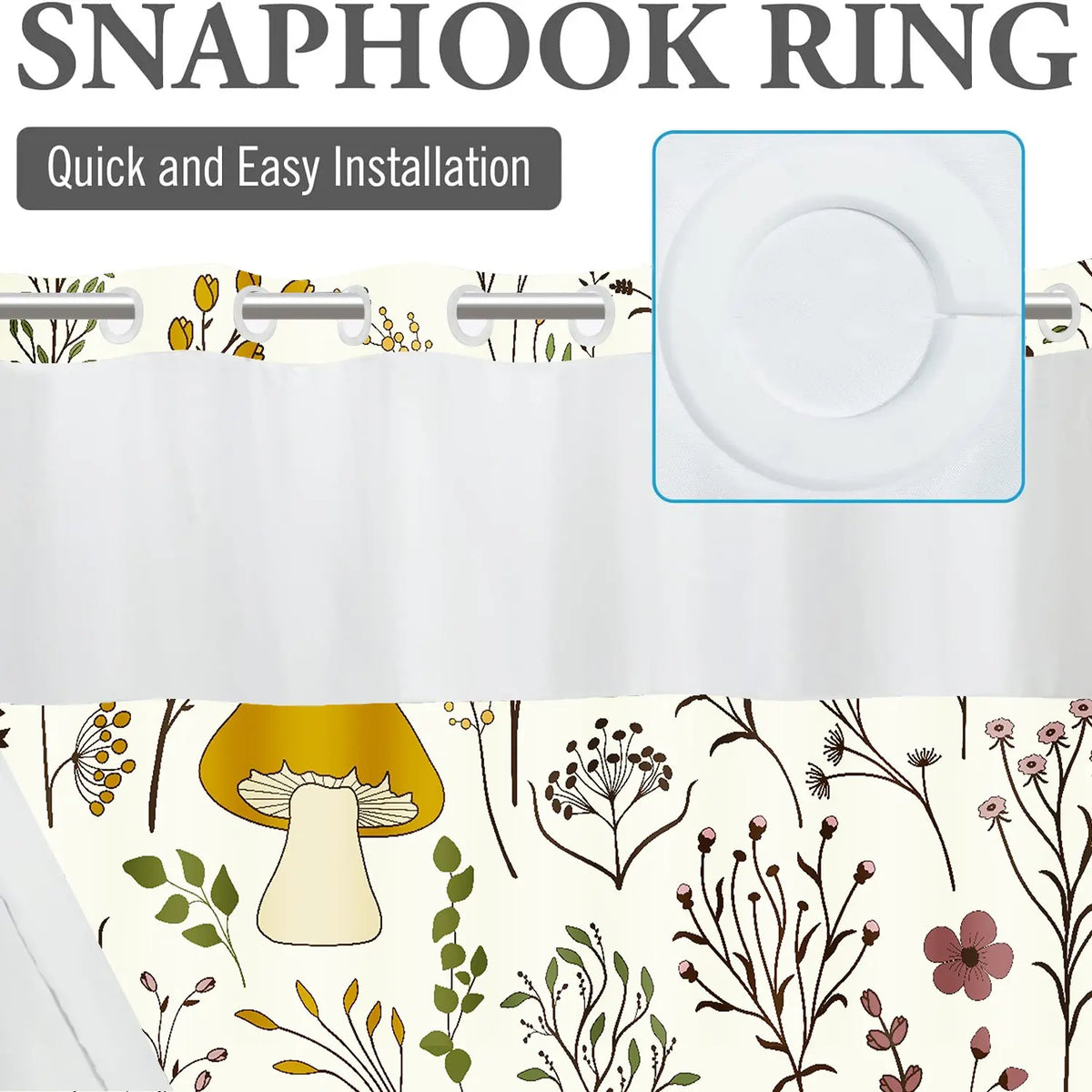 LVRLVR 1pc Boho Mushroom Floral Print Decorative Printed Shower Curtain with Sheer Top Window, Detachable Liner & No Hook C-Ring, Shower Curtain No Hooks, Hookless, 70.8" x 74"