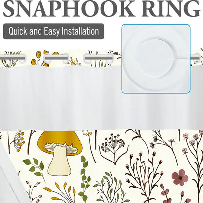 LVRLVR 1pc Boho Mushroom Floral Print Decorative Printed Shower Curtain with Sheer Top Window, Detachable Liner & No Hook C-Ring, Shower Curtain No Hooks, Hookless, 70.8" x 74"